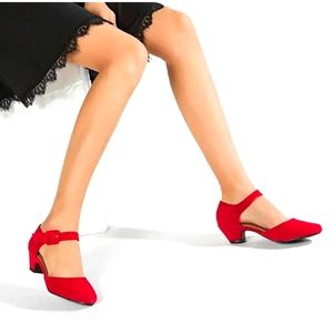 Women's Low Block Heel Red Buckle Strap
